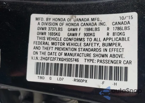 2016 Honda Civic Ex из США, поврежденный, VIN 2HGFC2F7XGH505746